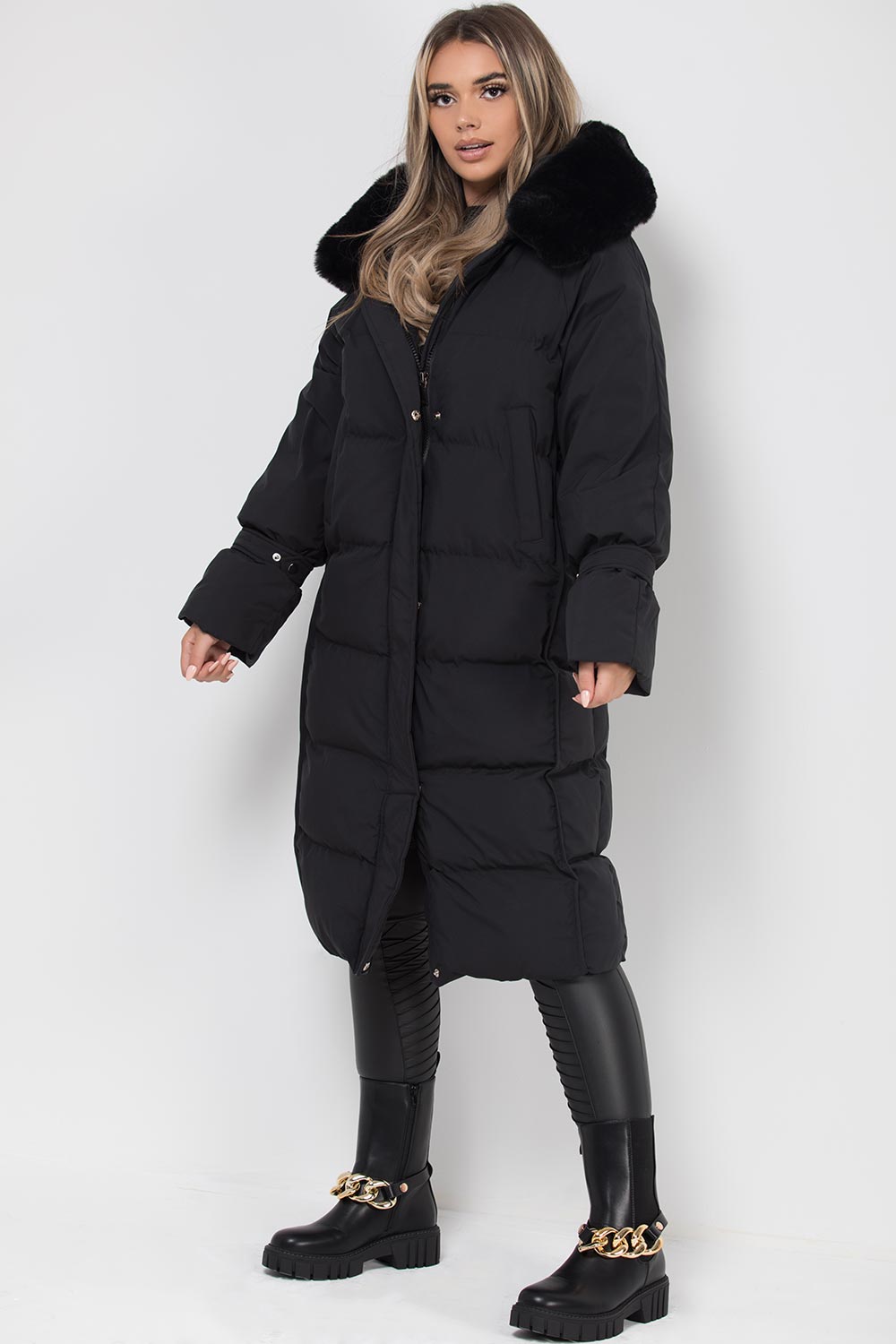 Long Puffer Down Coat With Faux Fur Hood Black