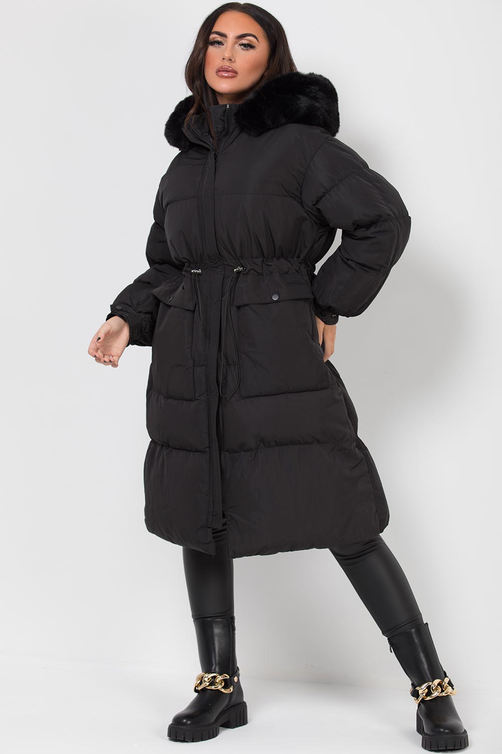 Long Black Puffer Coat With Faux Fur Hood And Drawstring Waist