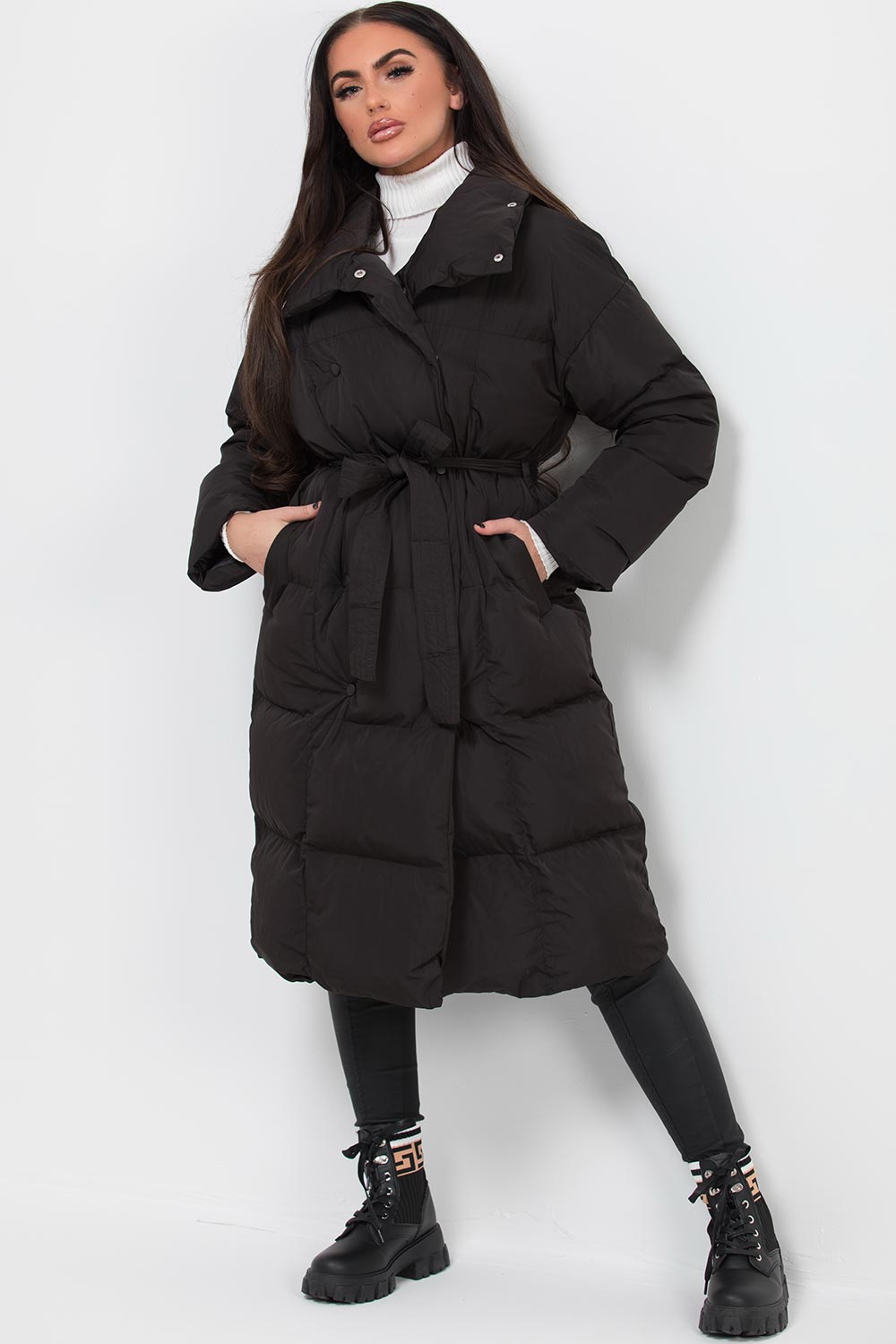 Long Duvet Puffer Coat With Waist Belt Black