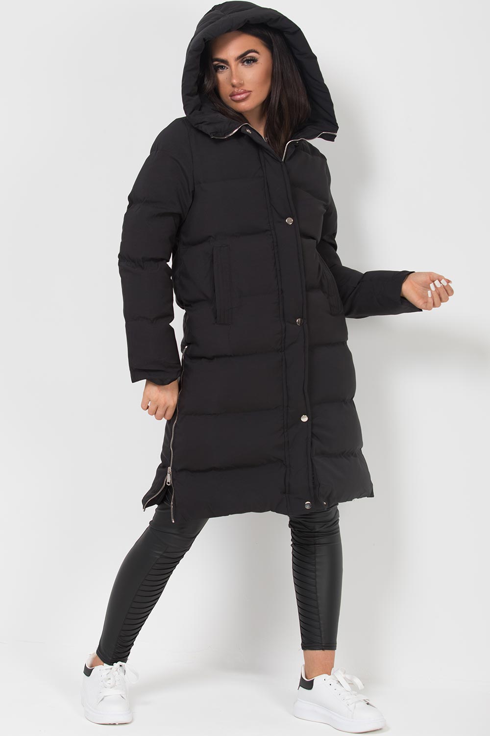 Long Puffer Coat With Side Zip Black