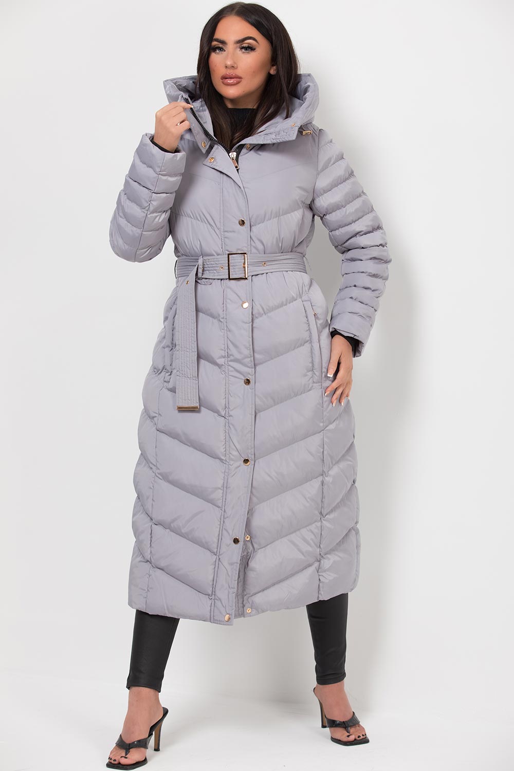 Long Puffer Down Coat With Belt Grey