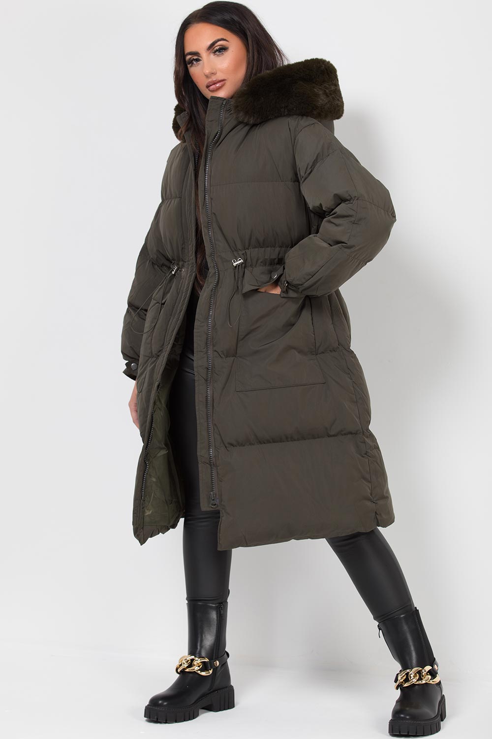 Long Puffer Coat With Faux Fur Hood And Drawstring Waist Khaki