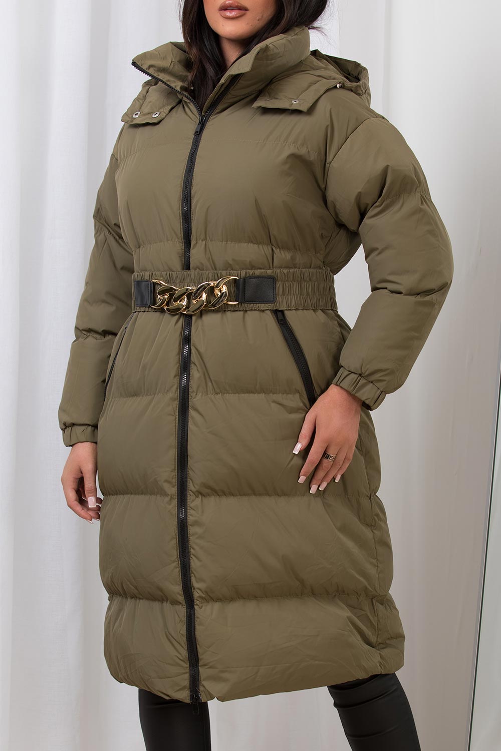 Khaki Long Puffer Padded Coat With Gold Chain Belt