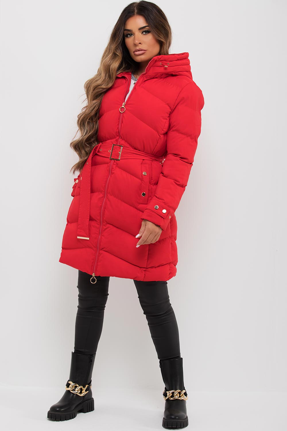 Red Long Puffer Coat With Belt And Gold Button Detail