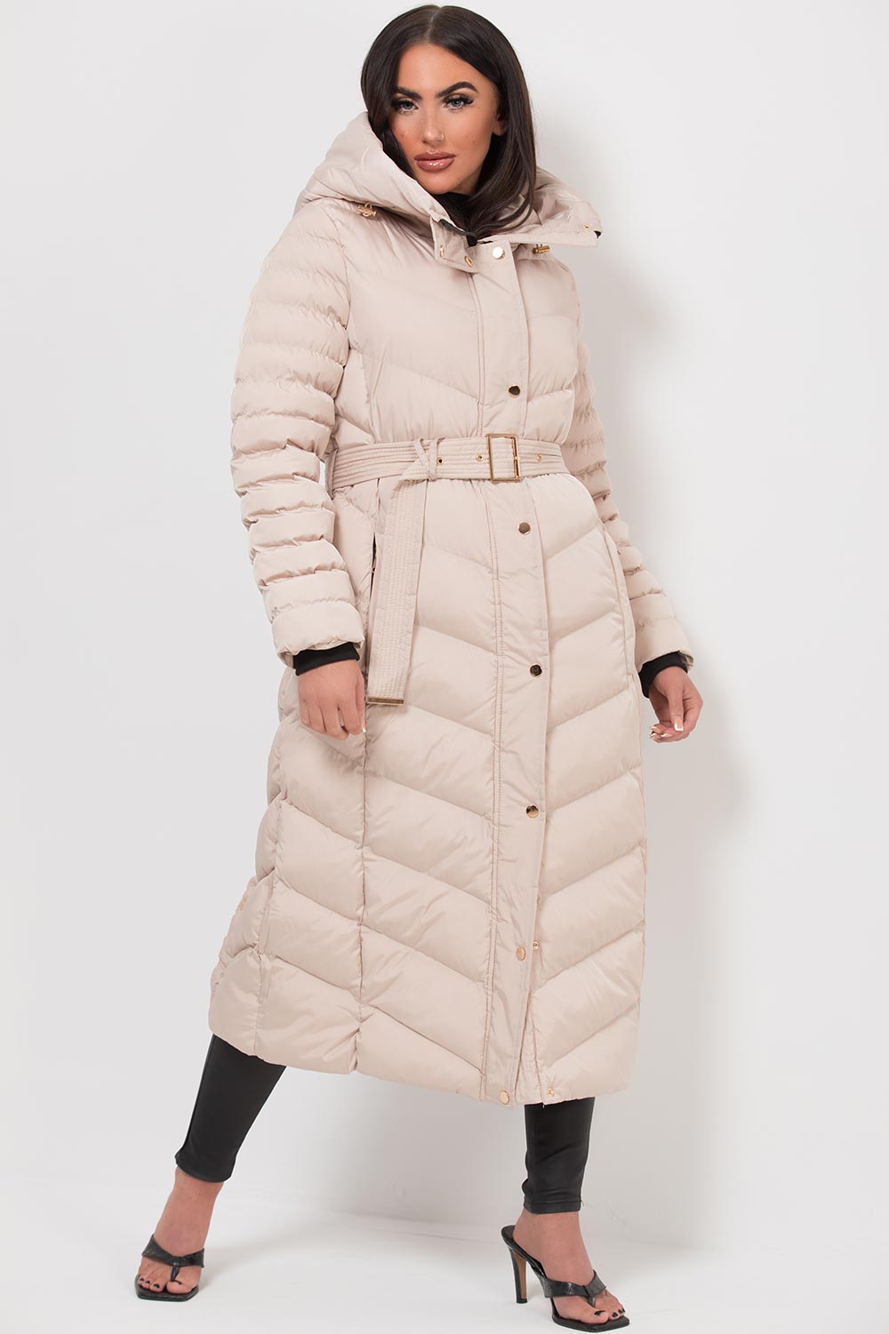 Long Puffer Down Coat With Belt Beige