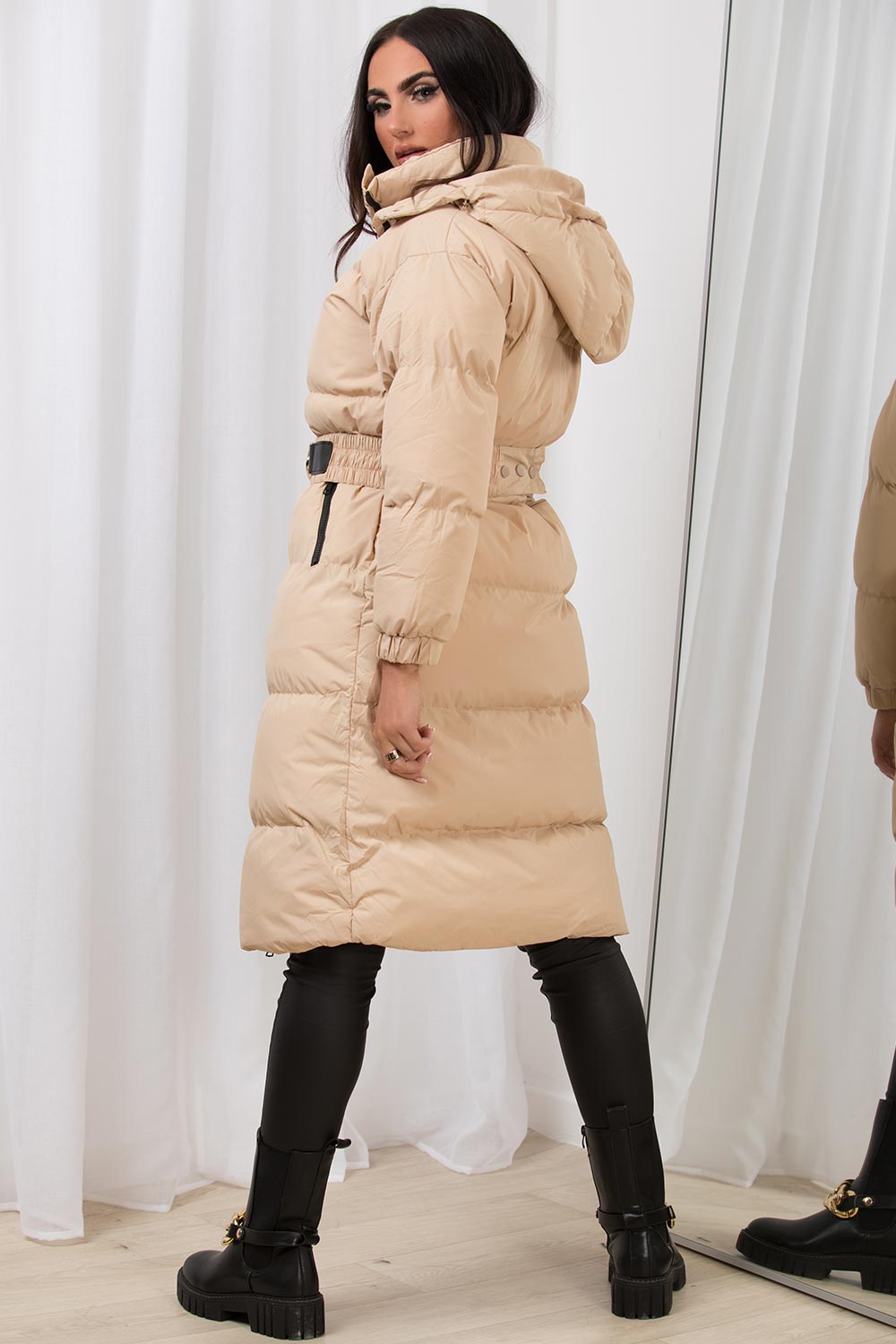 Long Puffer Padded Coat With Gold Chain Belt Beige