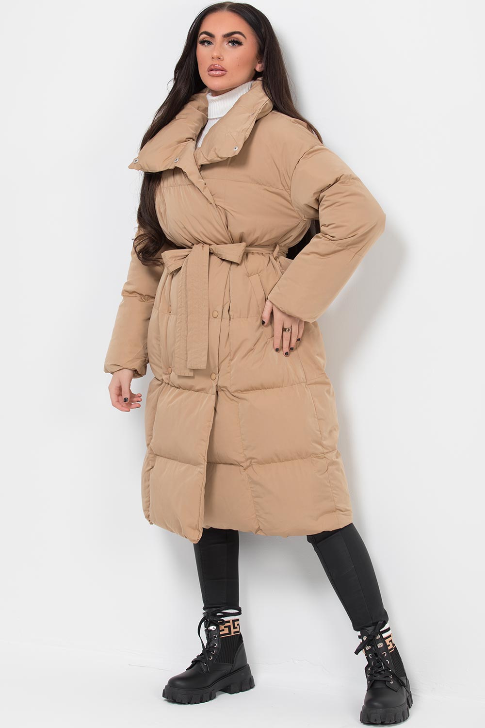 Long Duvet Puffer Coat With Waist Belt Camel