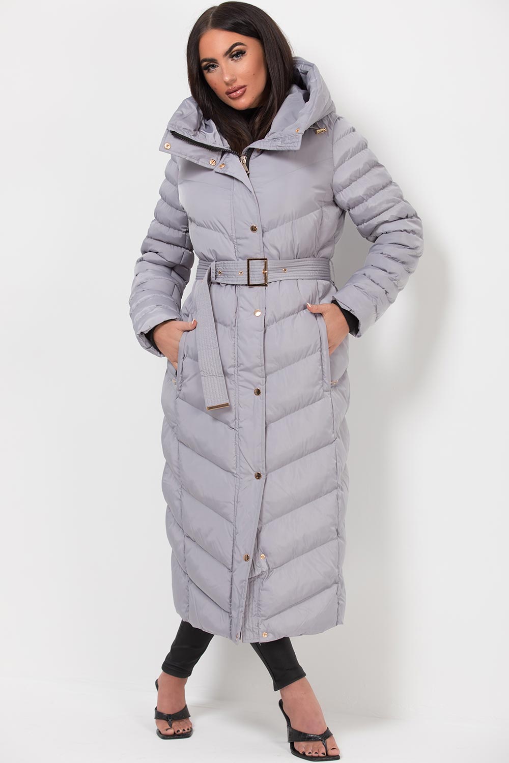 Long Puffer Down Coat With Belt Grey