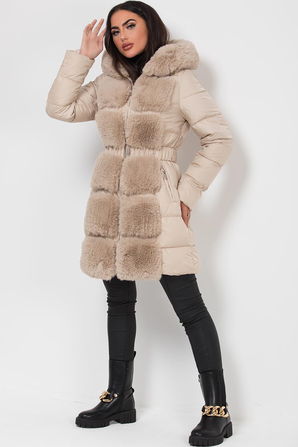 Long Puffer Coat With Faux Fur Hood And Trim Beige