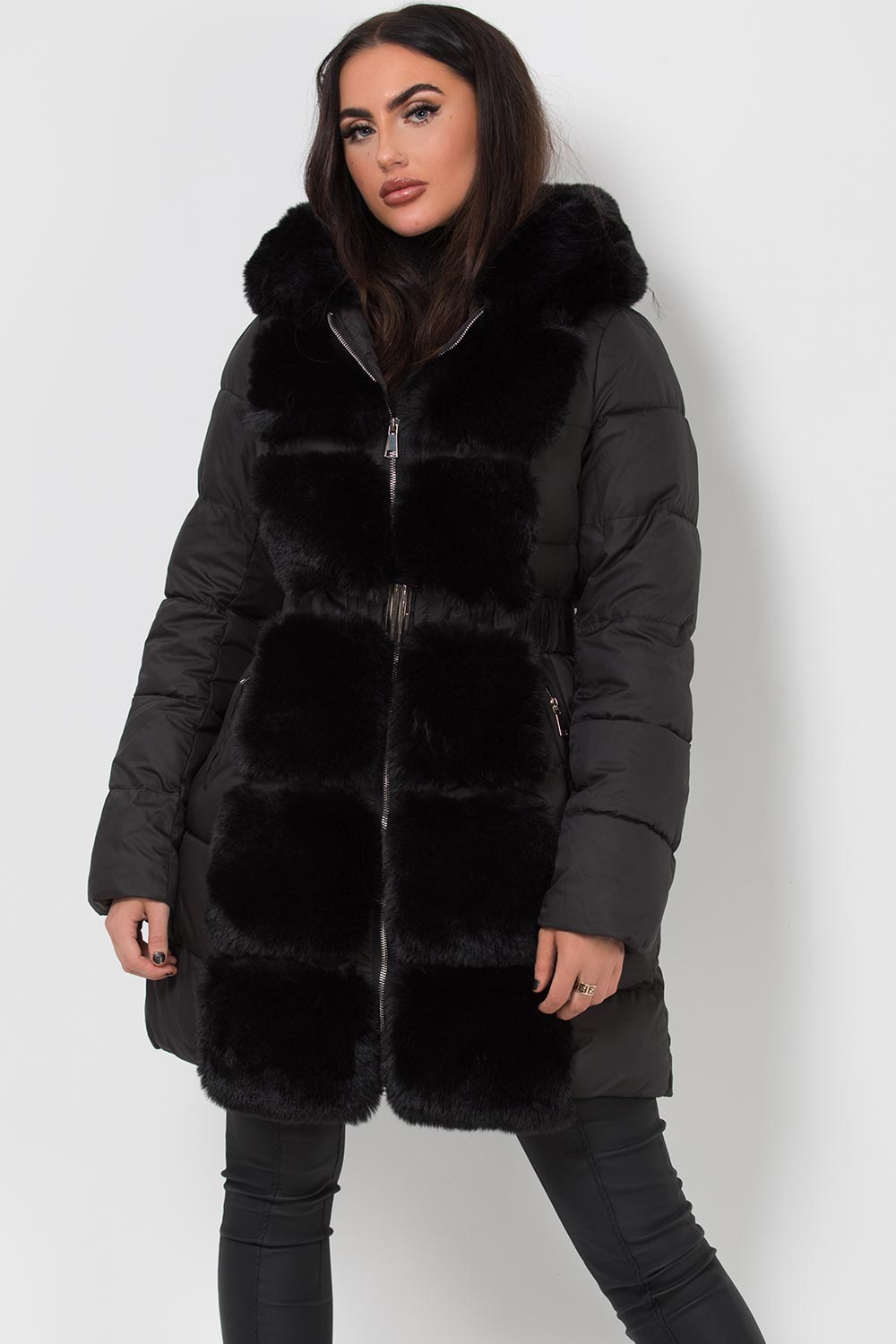 Long Puffer Coat With Faux Fur Hood And Trim Black