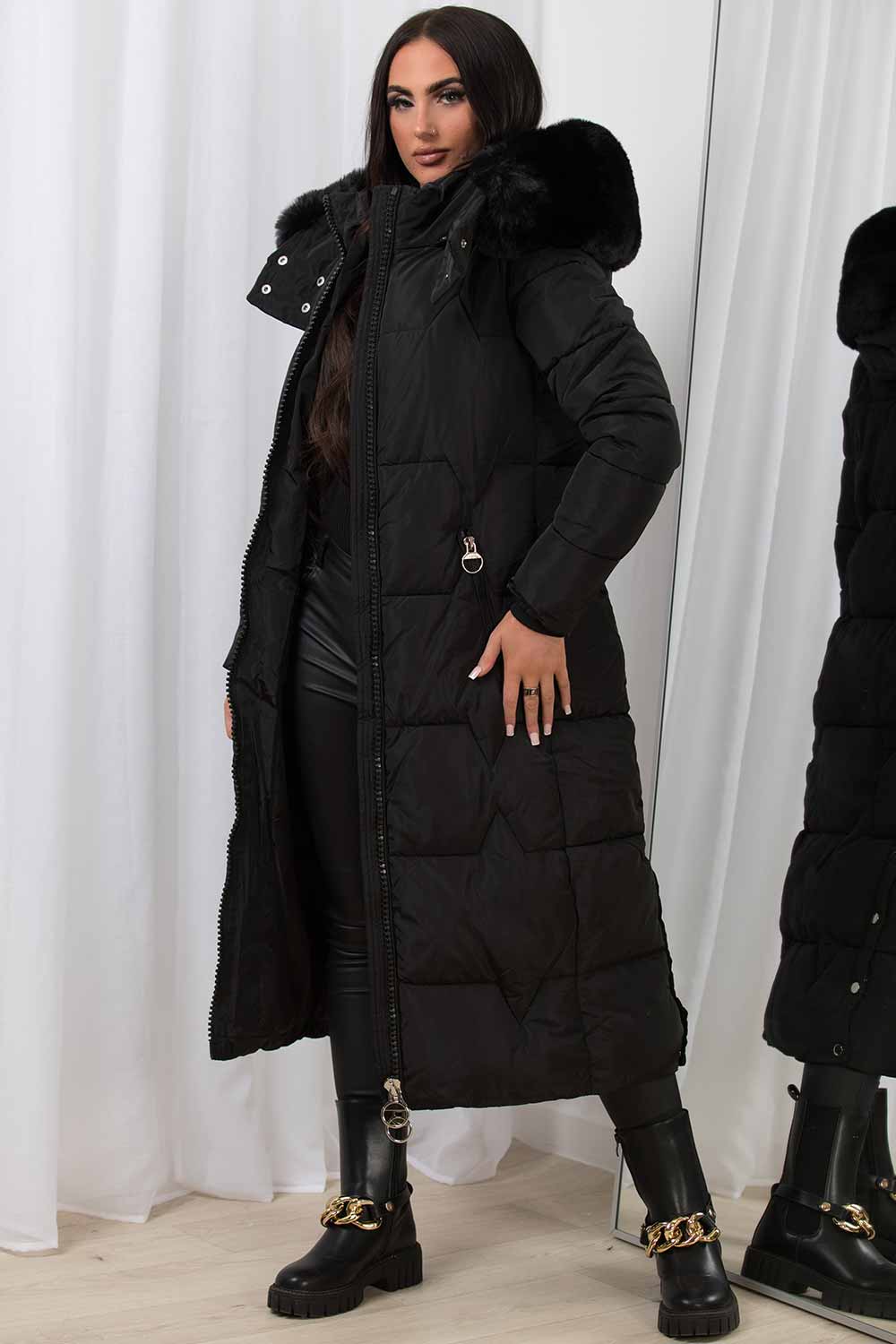 Long Puffer Padded Coat With Faux Fur Hood Black