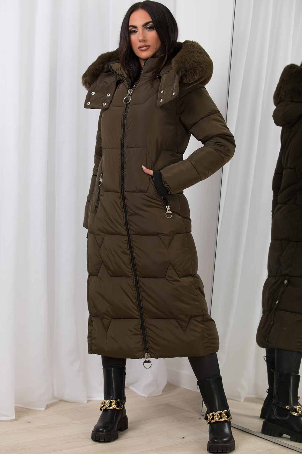 Long Puffer Padded Coat With Faux Fur Hood Khaki