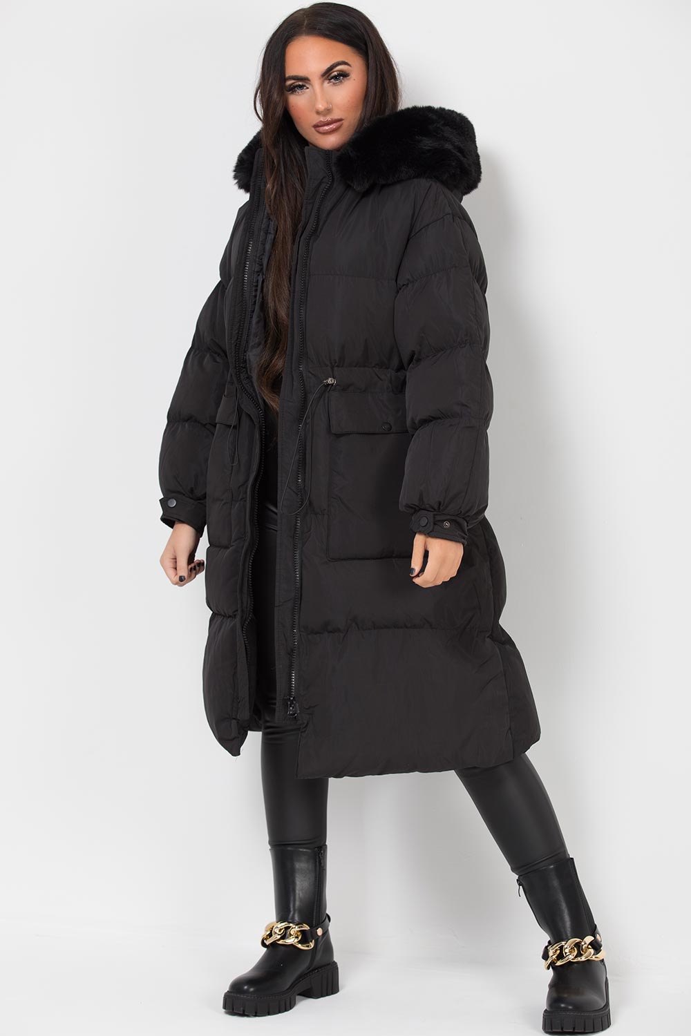 Long Black Puffer Coat With Faux Fur Hood And Drawstring Waist