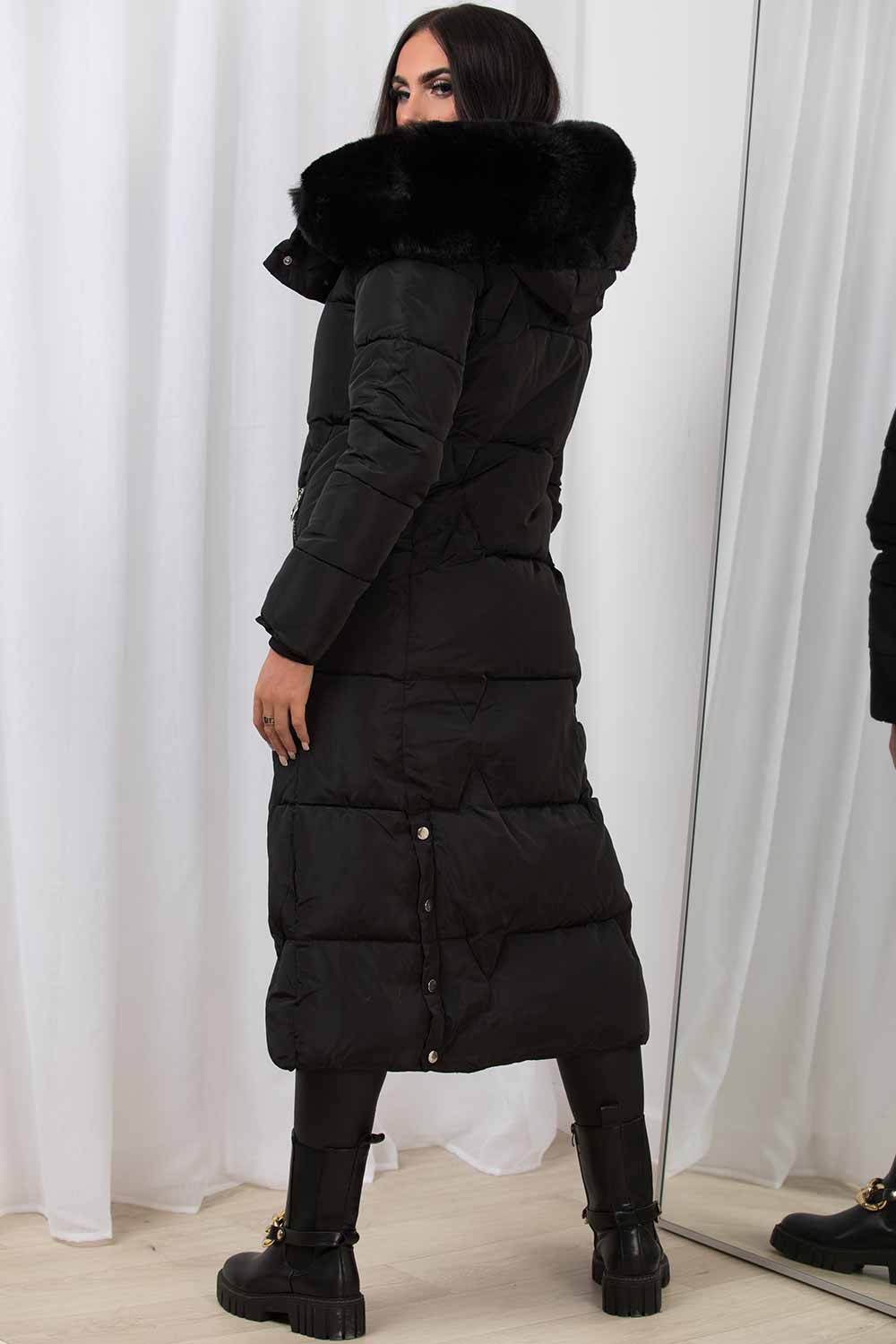 Long Puffer Padded Coat With Faux Fur Hood Black