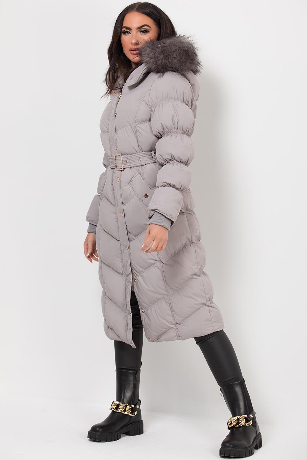 Long Puffer Coat With Fur Hood And Belt Grey