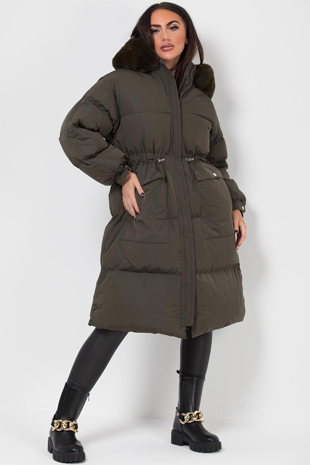 Long Puffer Coat With Faux Fur Hood And Drawstring Waist Khaki