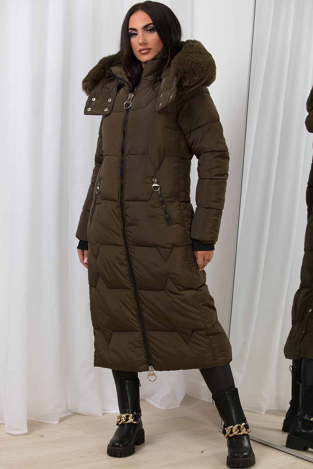 Long Puffer Padded Coat With Faux Fur Hood Khaki