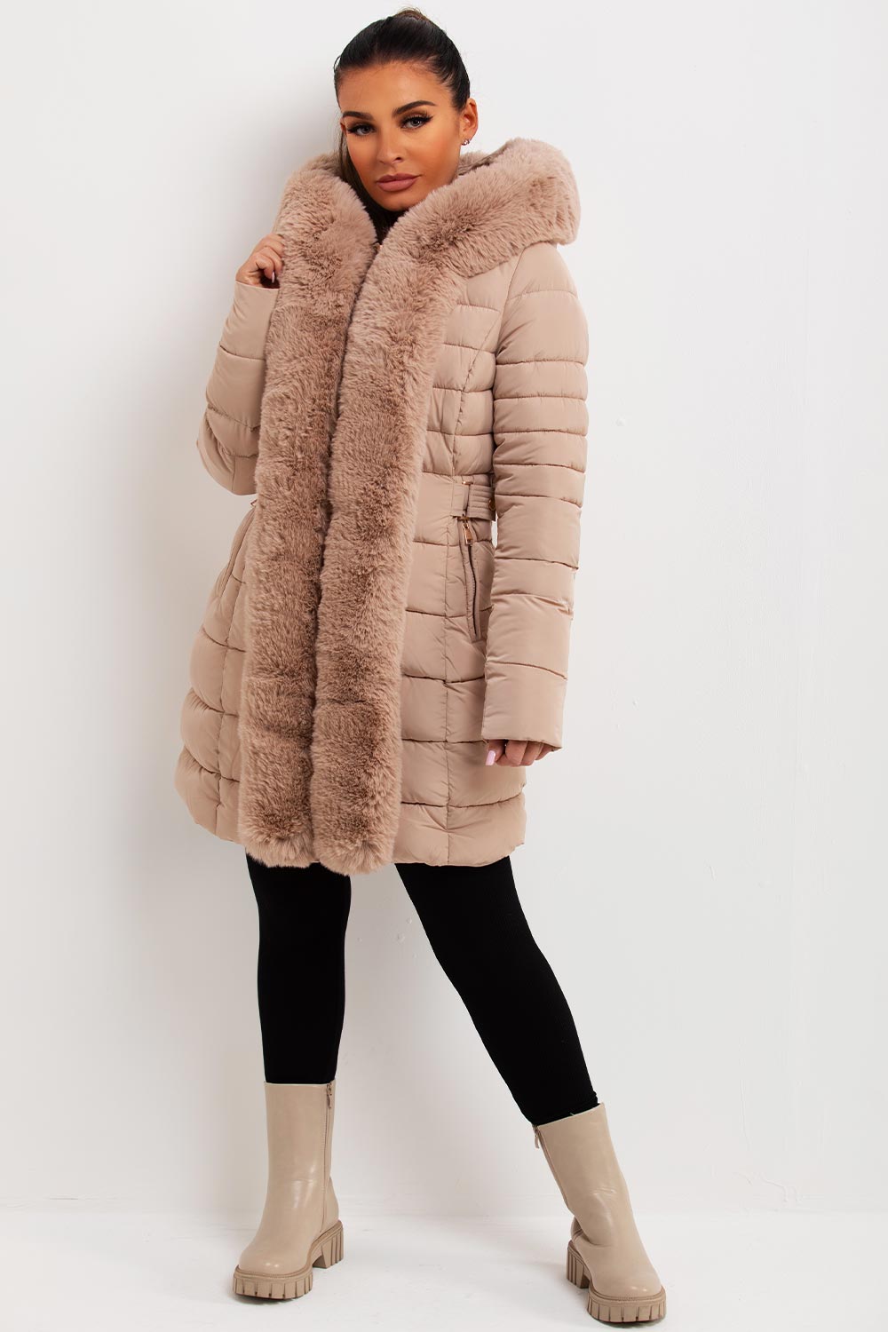 Puffer Padded Coat With Faux Fur Hood Beige