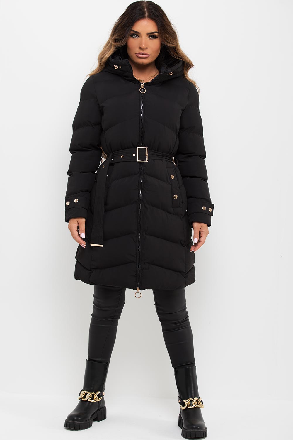 Black Long Puffer Coat With Belt And Gold Button Detail