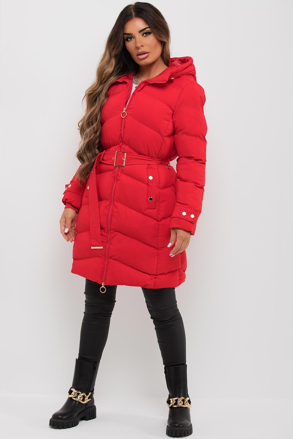 Red Long Puffer Coat With Belt And Gold Button Detail