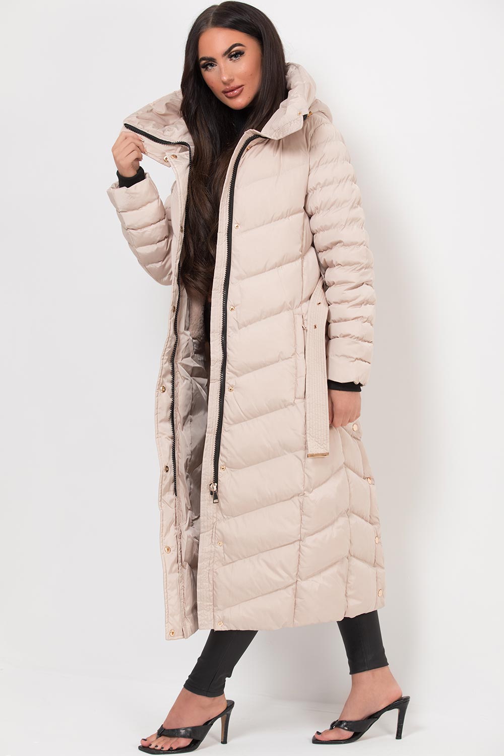 Long Puffer Down Coat With Belt Beige