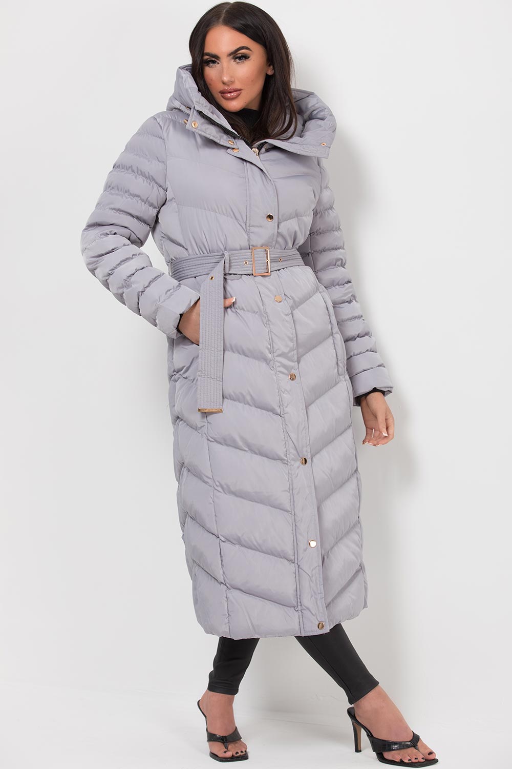 Long Puffer Down Coat With Belt Grey