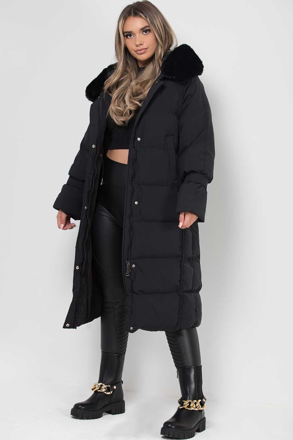 Long Puffer Down Coat With Faux Fur Hood Black