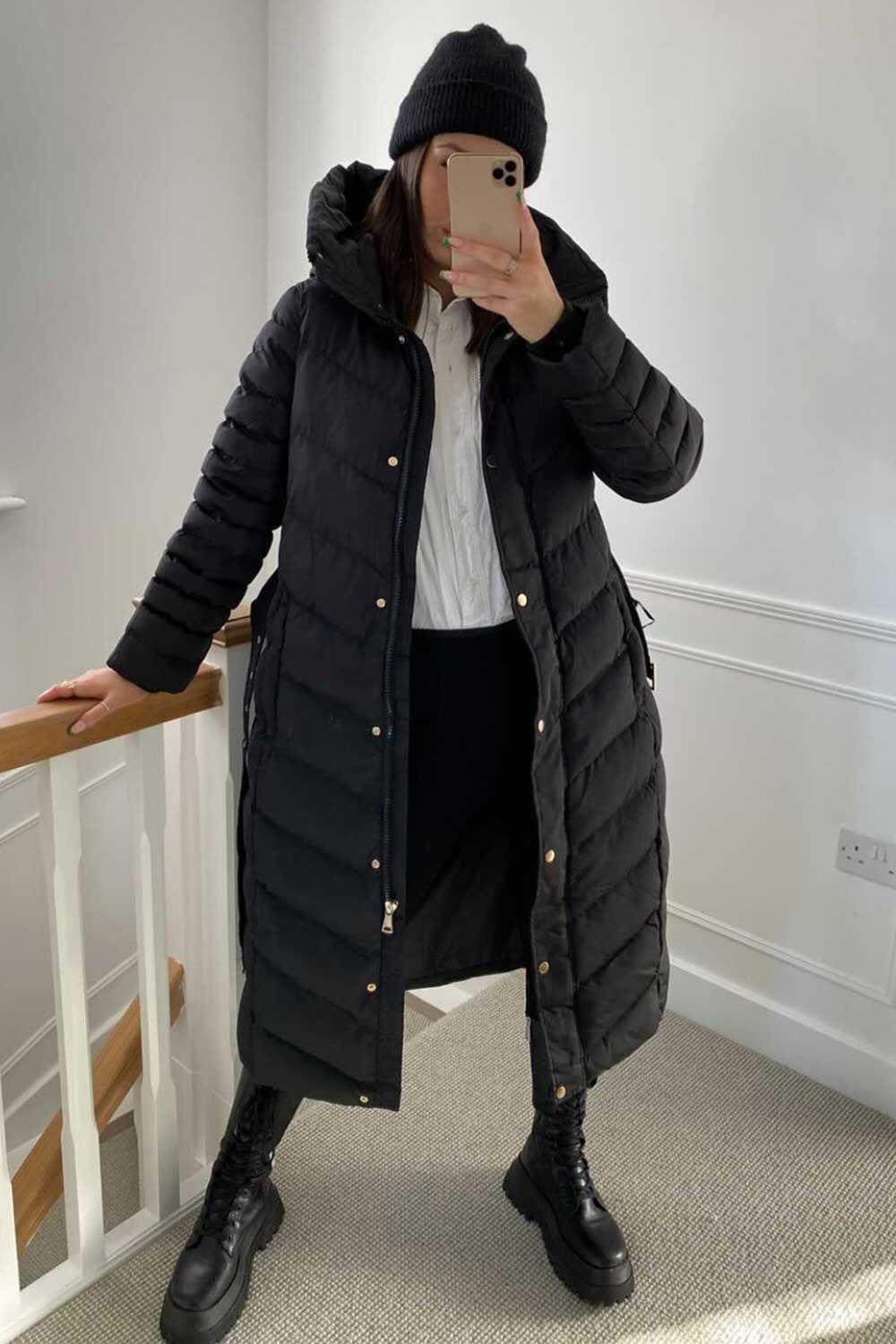 Long Puffer Down Coat With Belt Black