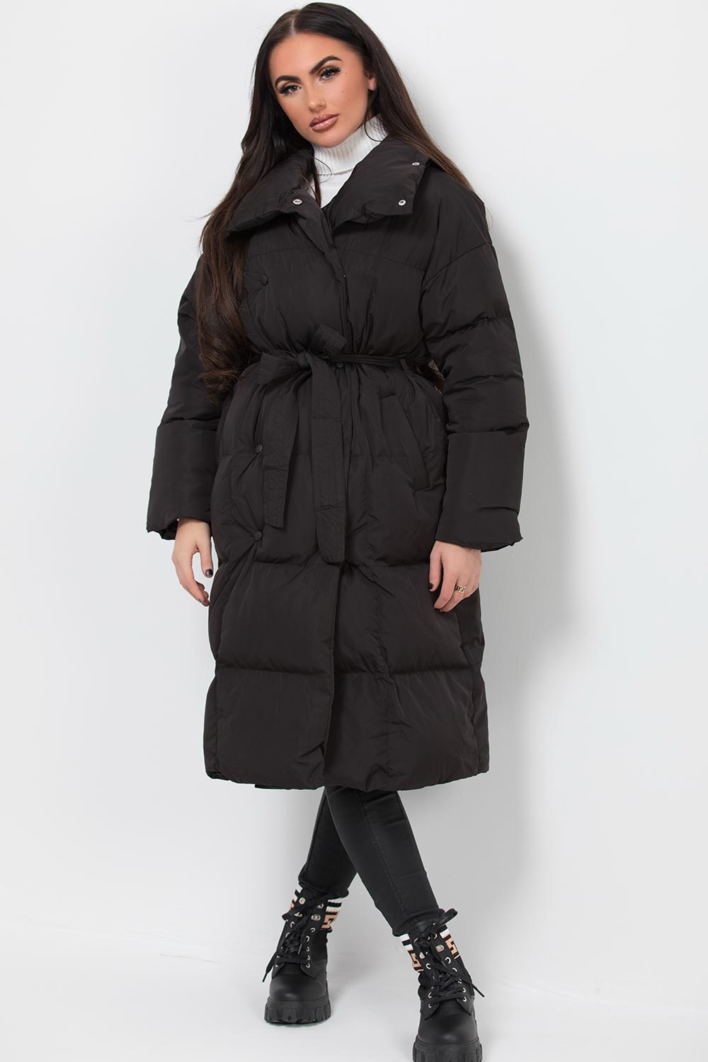 Long Duvet Puffer Coat With Waist Belt Black