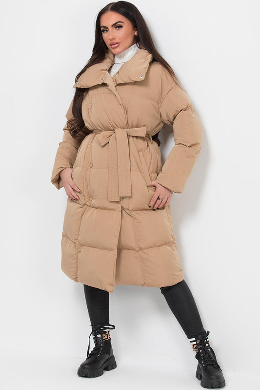 Long Duvet Puffer Coat With Waist Belt Camel