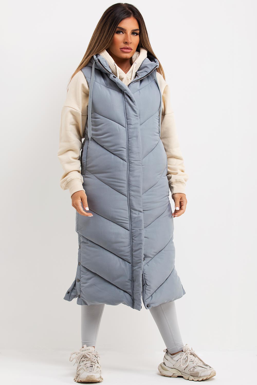 Grey Long Gilet With Chevron Padded Style