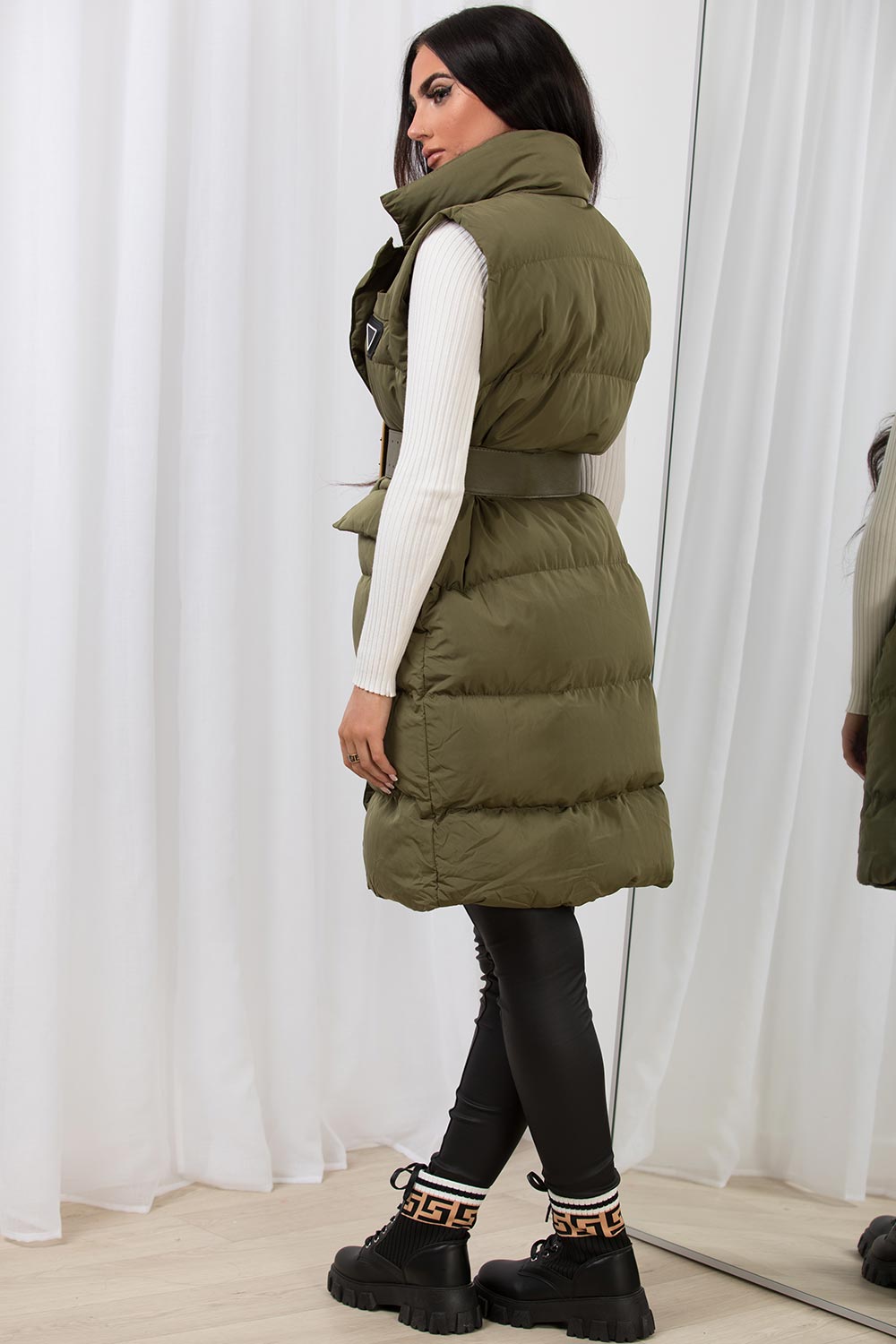 Khaki Long Puffer Gilet With Lapel Collar & Belt