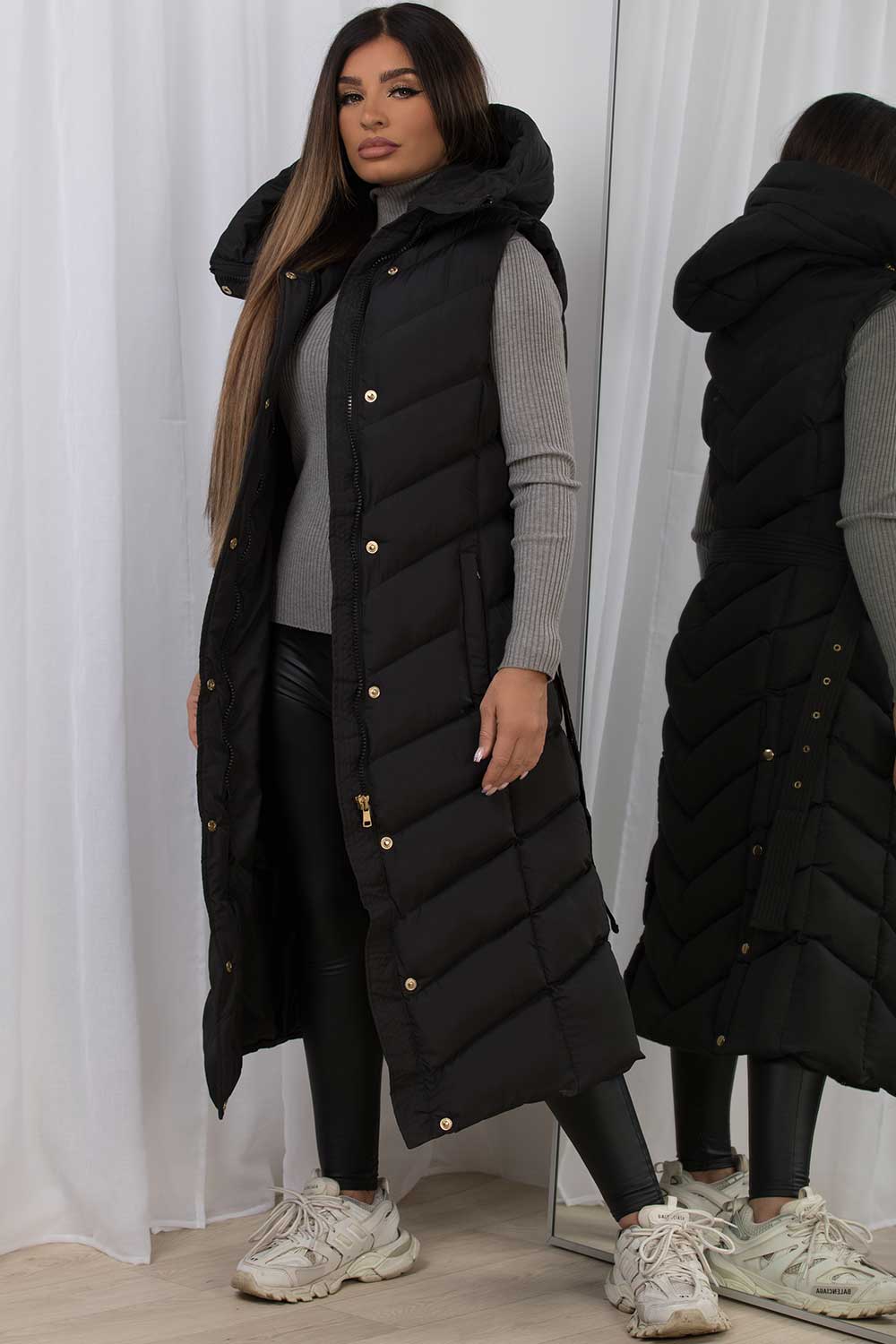 Long Gilet With Belt And Hood Black