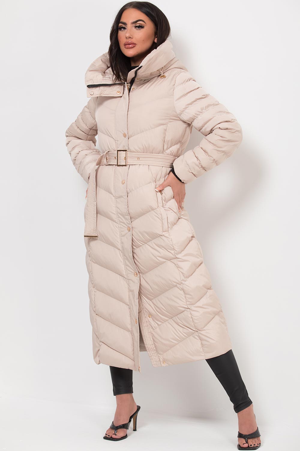 Long Puffer Down Coat With Belt Beige