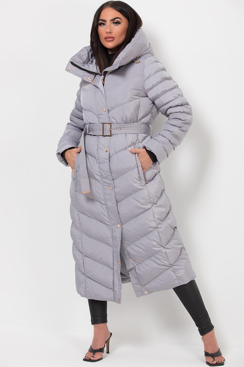 Long Puffer Down Coat With Belt Grey