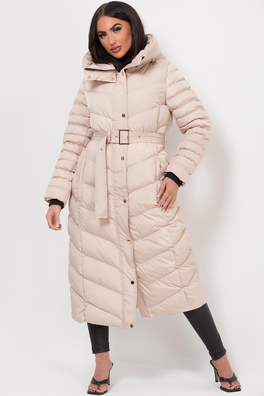 Long Puffer Down Coat With Belt Beige