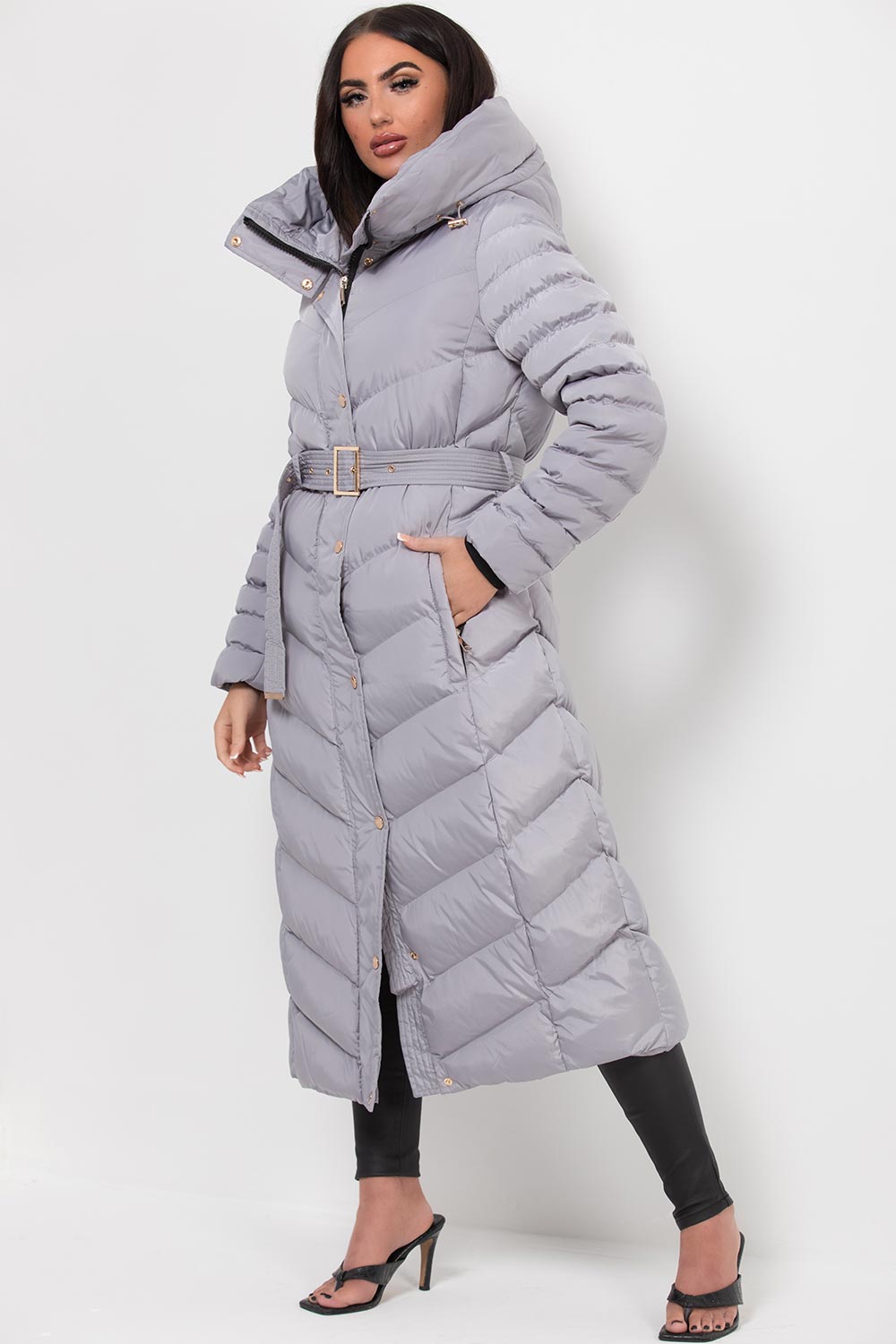 Long Puffer Down Coat With Belt Grey