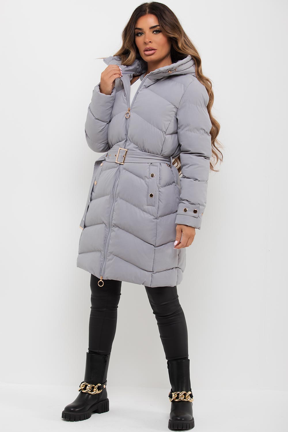 Grey Long Puffer Coat With Belt And Gold Button Detail