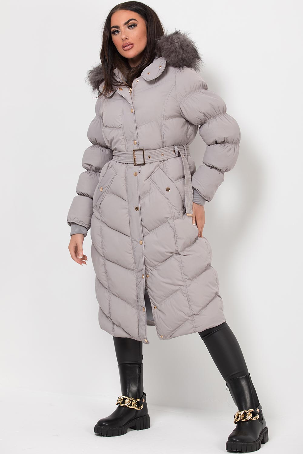 Long Puffer Coat With Fur Hood And Belt Grey