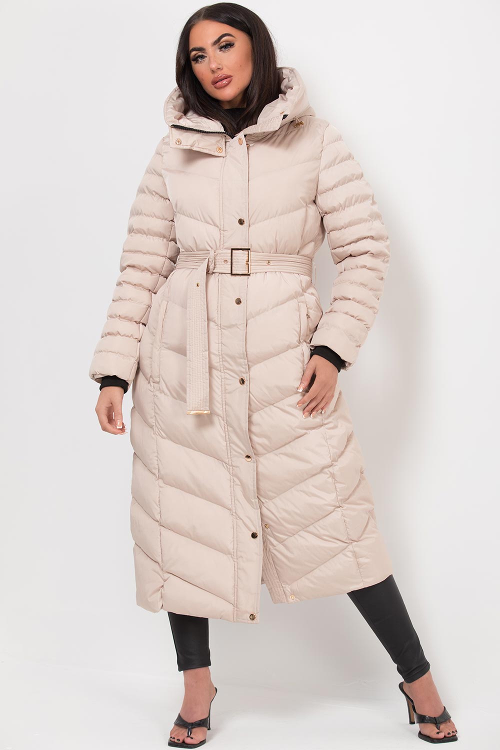 Long Puffer Down Coat With Belt Beige