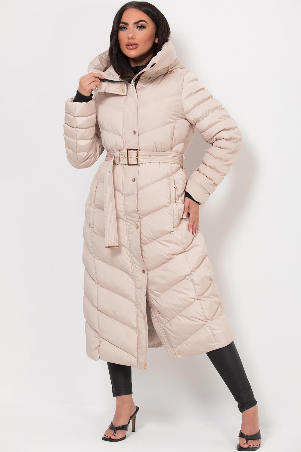 Long Puffer Down Coat With Belt Beige