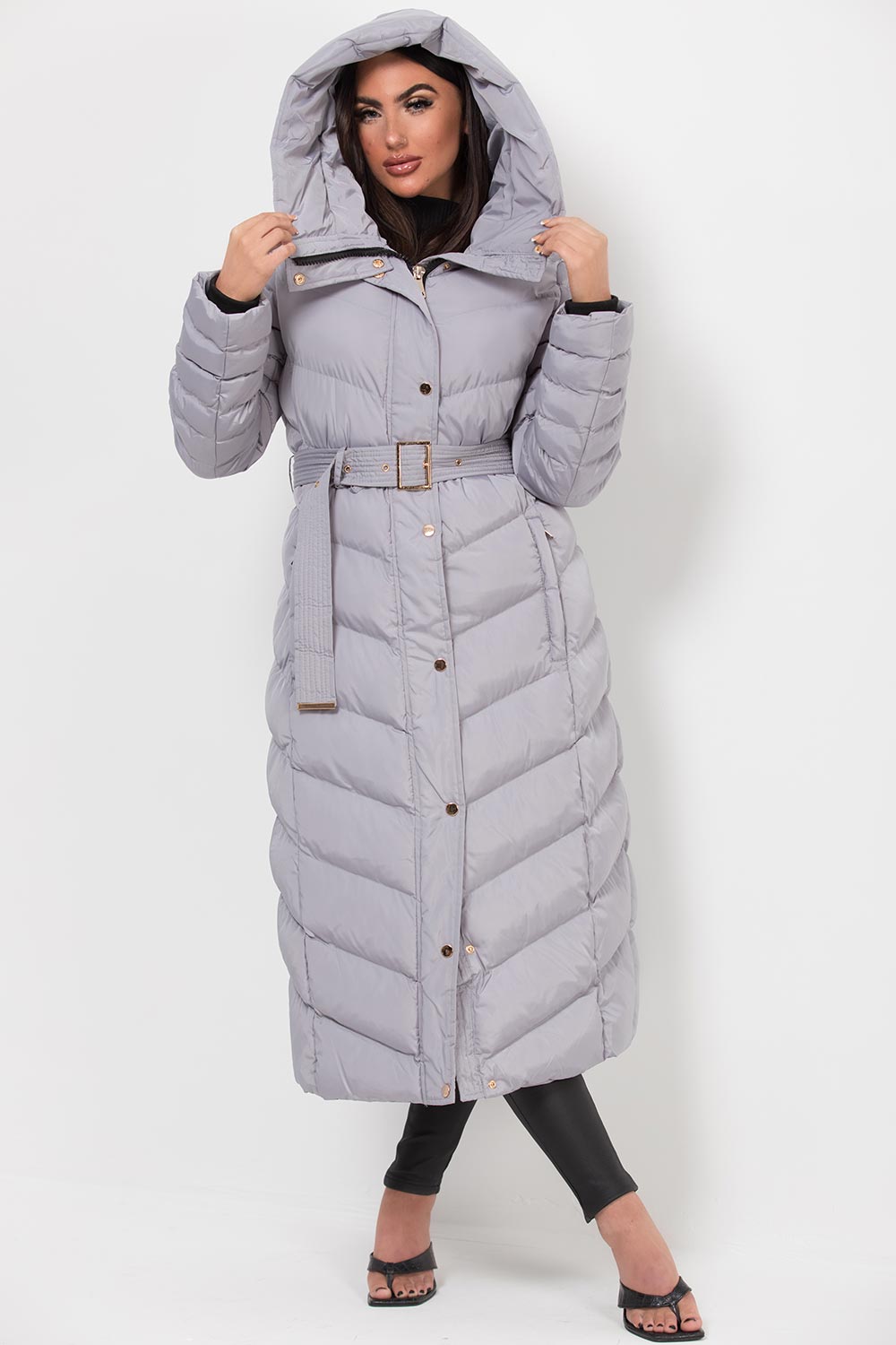 Long Puffer Down Coat With Belt Grey