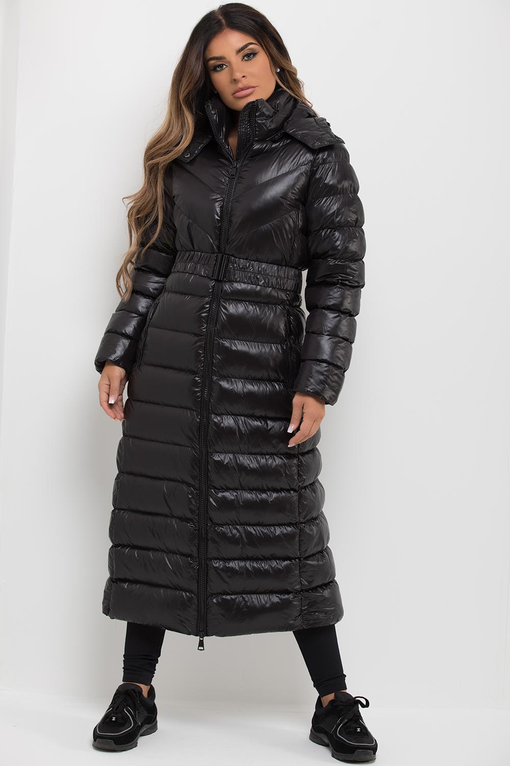 Black Longline Puffer Padded Jacket With Hood & Belt