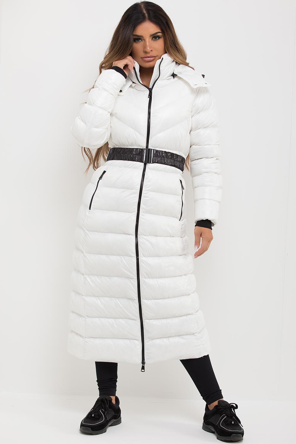 White Longline Puffer Padded Jacket With Hood & Belt