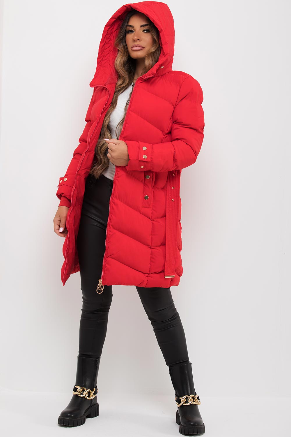 Red Long Puffer Coat With Belt And Gold Button Detail