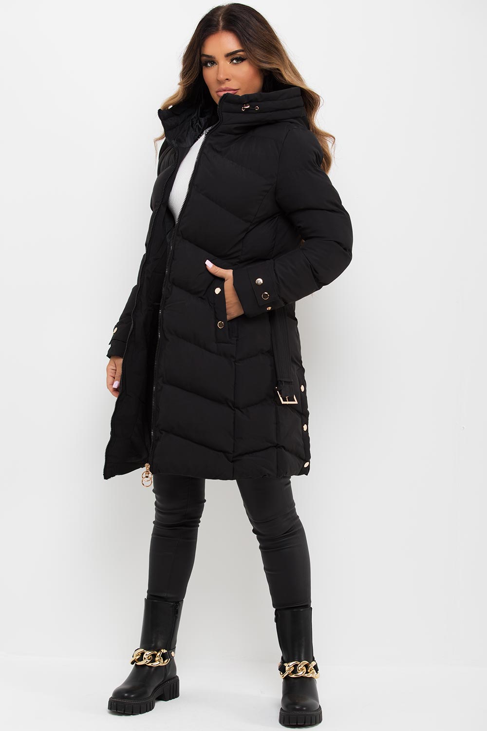 Black Long Puffer Coat With Belt And Gold Button Detail