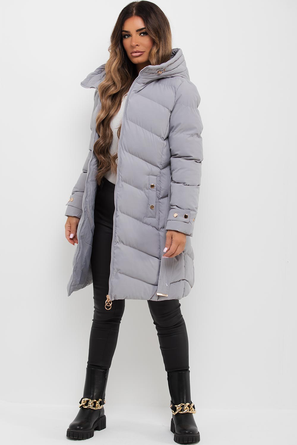 Grey Long Puffer Coat With Belt And Gold Button Detail