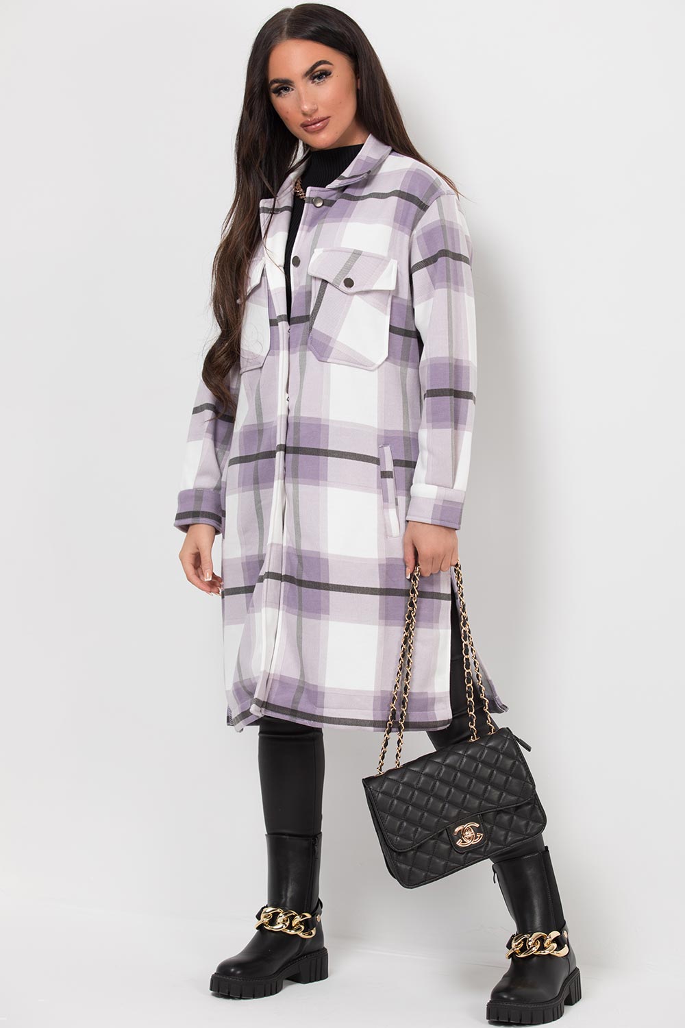 Longline Check Shacket Purple