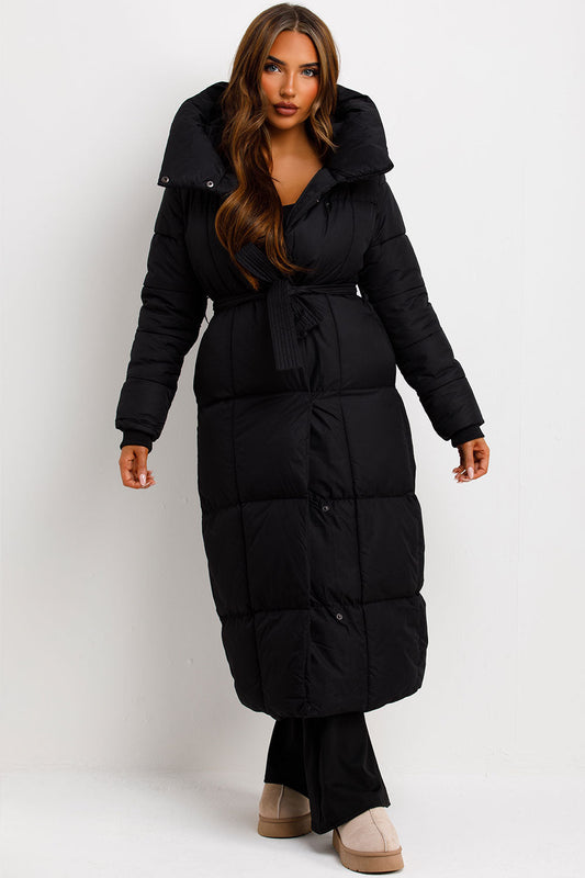 Long Puffer Coat With Hood And Belt Black