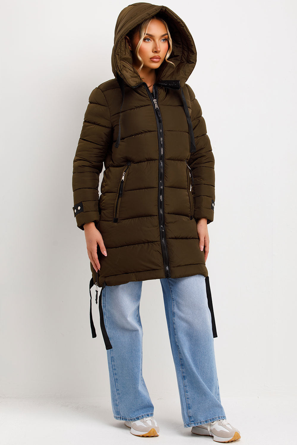 Long Puffer Coat With Hood And Side Straps Khaki